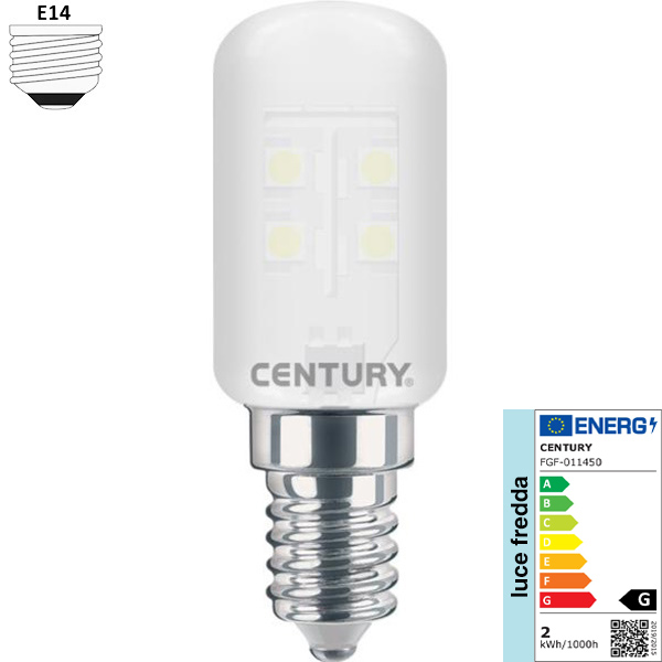 Century Lampadina LED Tubolare per Frigo 230V 1,8W E14 5000K 130LM - CENTURY ITALIA - Immagine 2