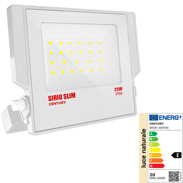 Century Proiettore LED Sirio Slim 230V 20W 4000K LM1800 IP66 Bianco - CENTURY ITALIA - Immagine 2