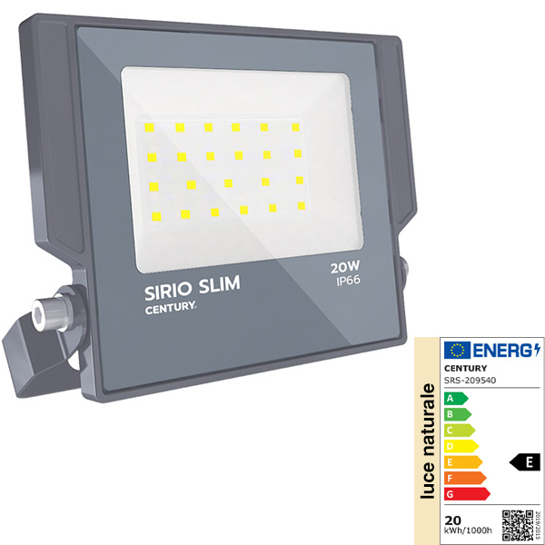 Century Proiettore LED Sirio Slim 230V 20W 4000K LM2100 IP66 Grigio - CENTURY ITALIA - Immagine 2