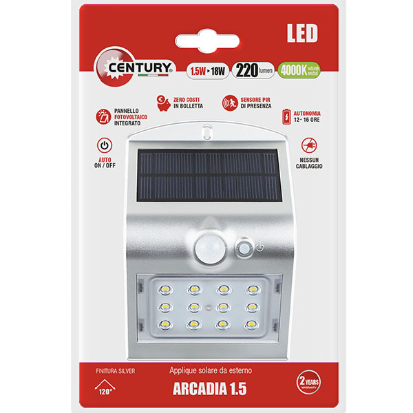 Century Applique Solare LED con Sensore Colore Argento Arcadia 1.5