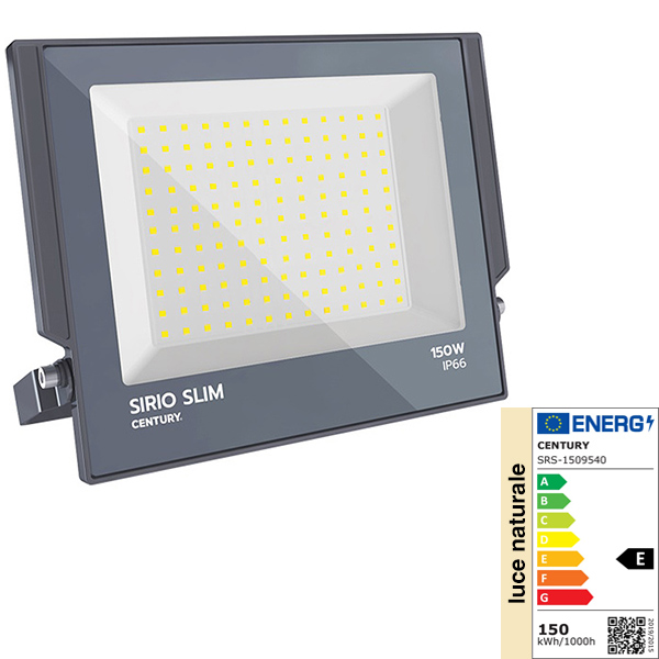 Century Proiettore LED Sirio Slim 230V 150W 4000K LM13500 IP66 Grigio - CENTURY ITALIA - Immagine 2