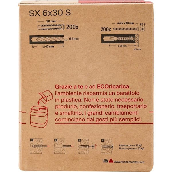 Fischer Tassello SX S 6X30 in Nylon con Vite Testa Svasata Piana (TSP) Ecoricarica PZ200 - FISCHER - Immagine 2