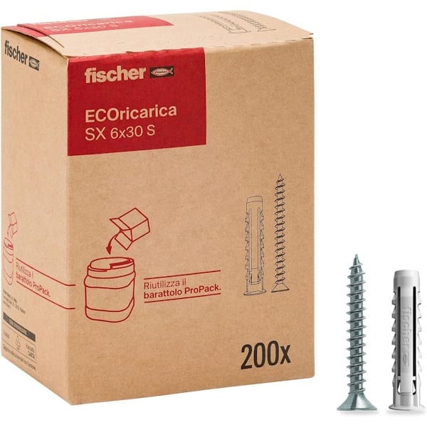 Fischer Tassello SX S 6X30 in Nylon con Vite Testa Svasata Piana (TSP) Ecoricarica PZ200 - FISCHER - Immagine 1