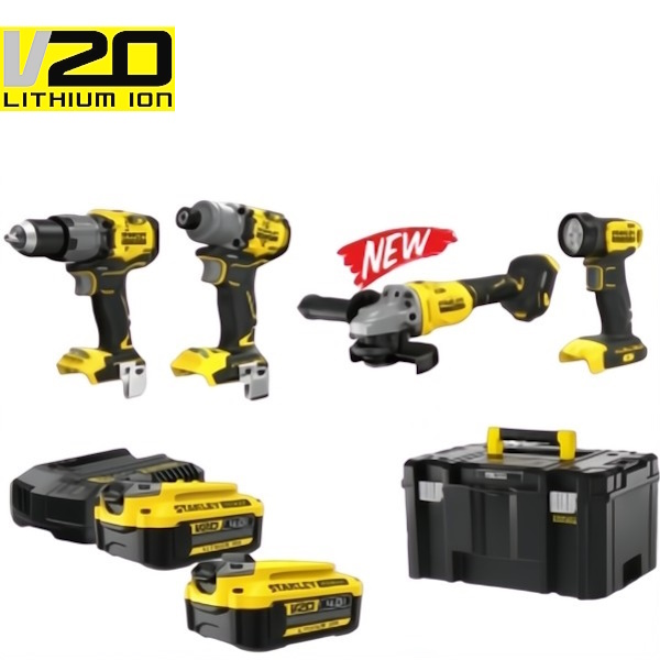 Stanley KIT Trapano + Avvitatore + Smerigliatrice + Torcia 18V 4,0AH