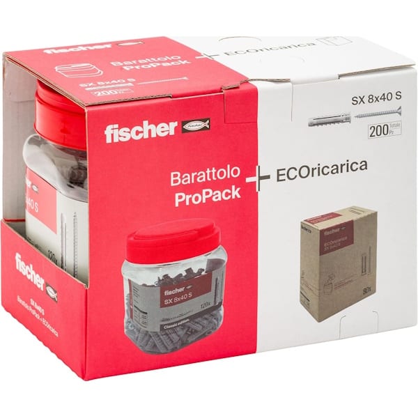 Fischer Tassello SX S 8X40 in Nylon con Vite Testa Svasata Piana (TSP) Refill Pack PZ200 - FISCHER - Immagine 1