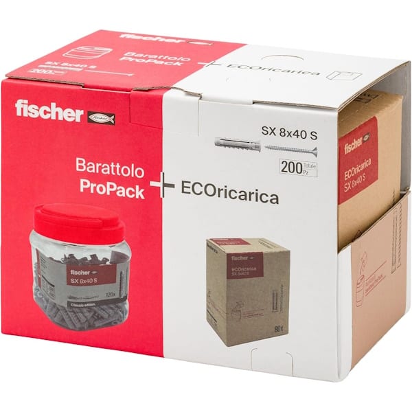 Fischer Tassello SX S 8X40 in Nylon con Vite Testa Svasata Piana (TSP) Refill Pack PZ200 - FISCHER - Immagine 2
