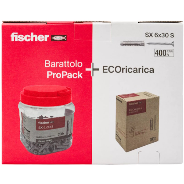 Fischer Tassello SX S 6X30 in Nylon con Vite Testa Svasata Piana (TSP) Refill Pack PZ400 - FISCHER - Immagine 3