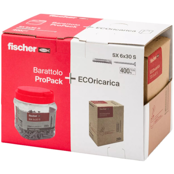 Fischer Tassello SX S 6X30 in Nylon con Vite Testa Svasata Piana (TSP) Refill Pack PZ400 - FISCHER - Immagine 2